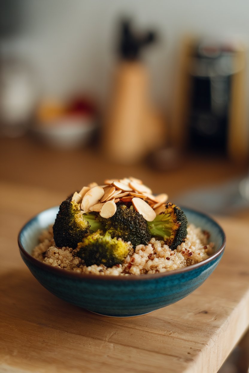 Indoor bowl of quinoa topped with charred broccoli florets and toasted almond slices. No logos.
