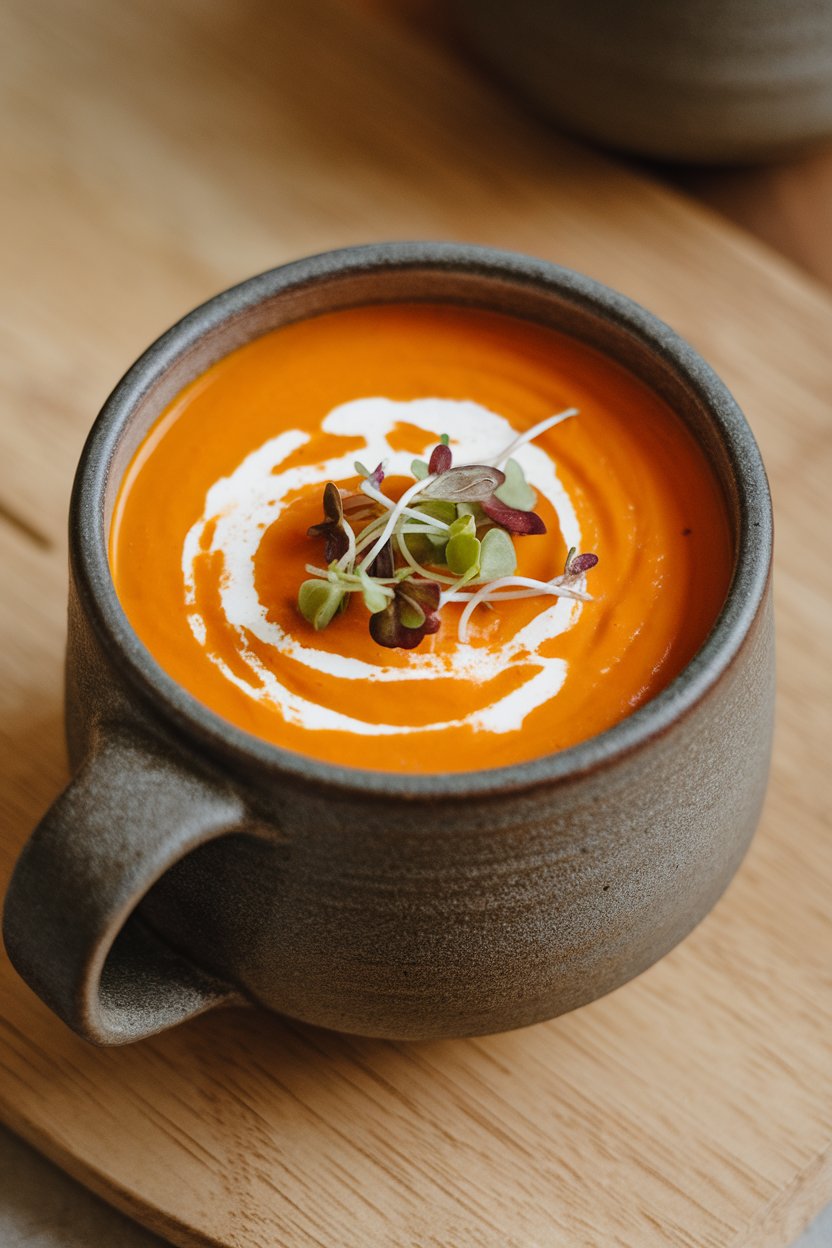 Indoor photo of bright orange carrot soup in a matte stoneware mug, garnished with a swirl of coconut milk and micro-greens. No text or logos.
