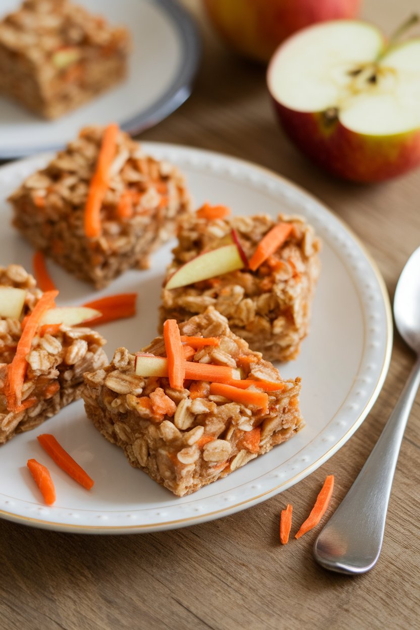An indoor afternoon-snack scene featuring small square oat bars studded with shredded carrot and apple pieces on a white plate. Photo, no text or logos.