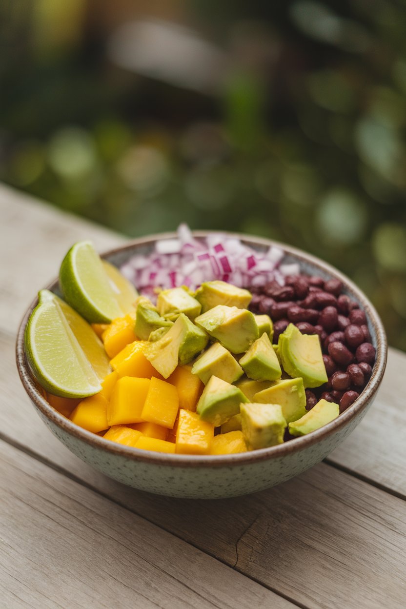 Indoor photo of a bowl featuring diced mango, avocado, black beans, and red onion with lime wedges; soft indoor light, no text or logos