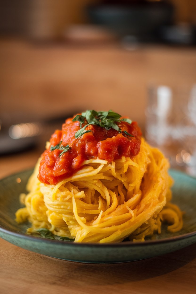 Indoor photo of spaghetti squash strands twirled on a plate, topped with chunky tomato marinara and chopped basil. No text or logos; photo.