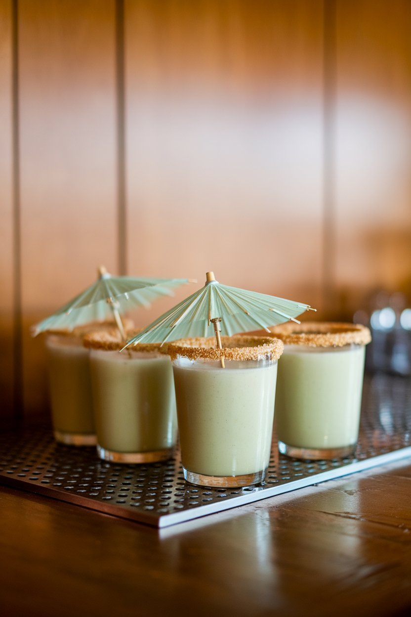 Photo of pale-green creamy shots with crushed graham rim, indoor bar; no text or logos.