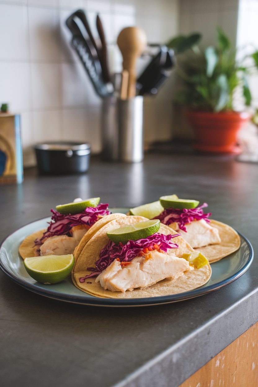 An indoor kitchen island displaying cooked flaky white fish in corn tortillas topped with purple cabbage slaw and lime wedges; no text or logos; photo.