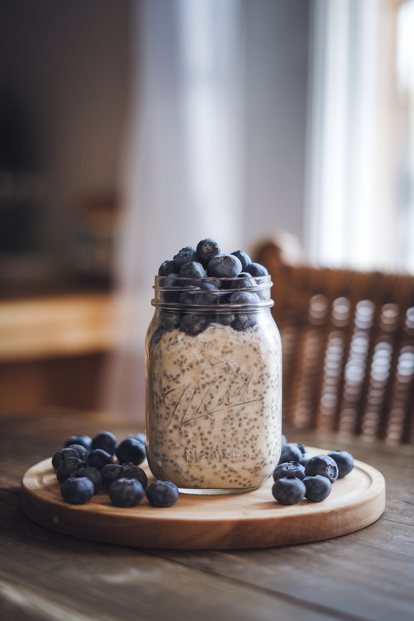 Indoor breakfast nook with a mason jar layered with creamy overnight oats, chia seeds visibly swirled in, and a generous topping of fresh blueberries. Soft morning light from a nearby window, no text or logos anywhere, photo not illustration.