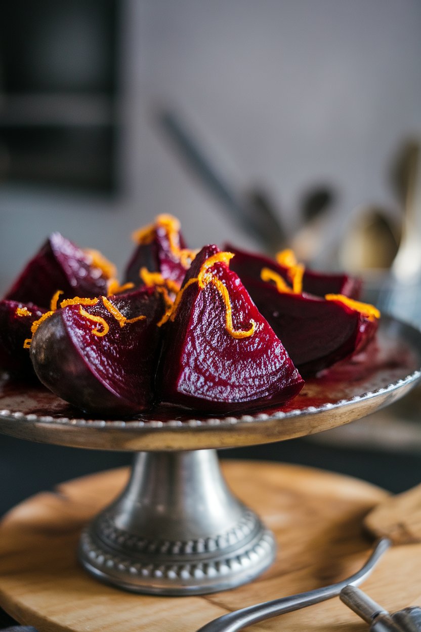 A photo of a serving platter indoors featuring roasted beet wedges glistening with citrus glaze and garnished with orange zest. No logos or text.