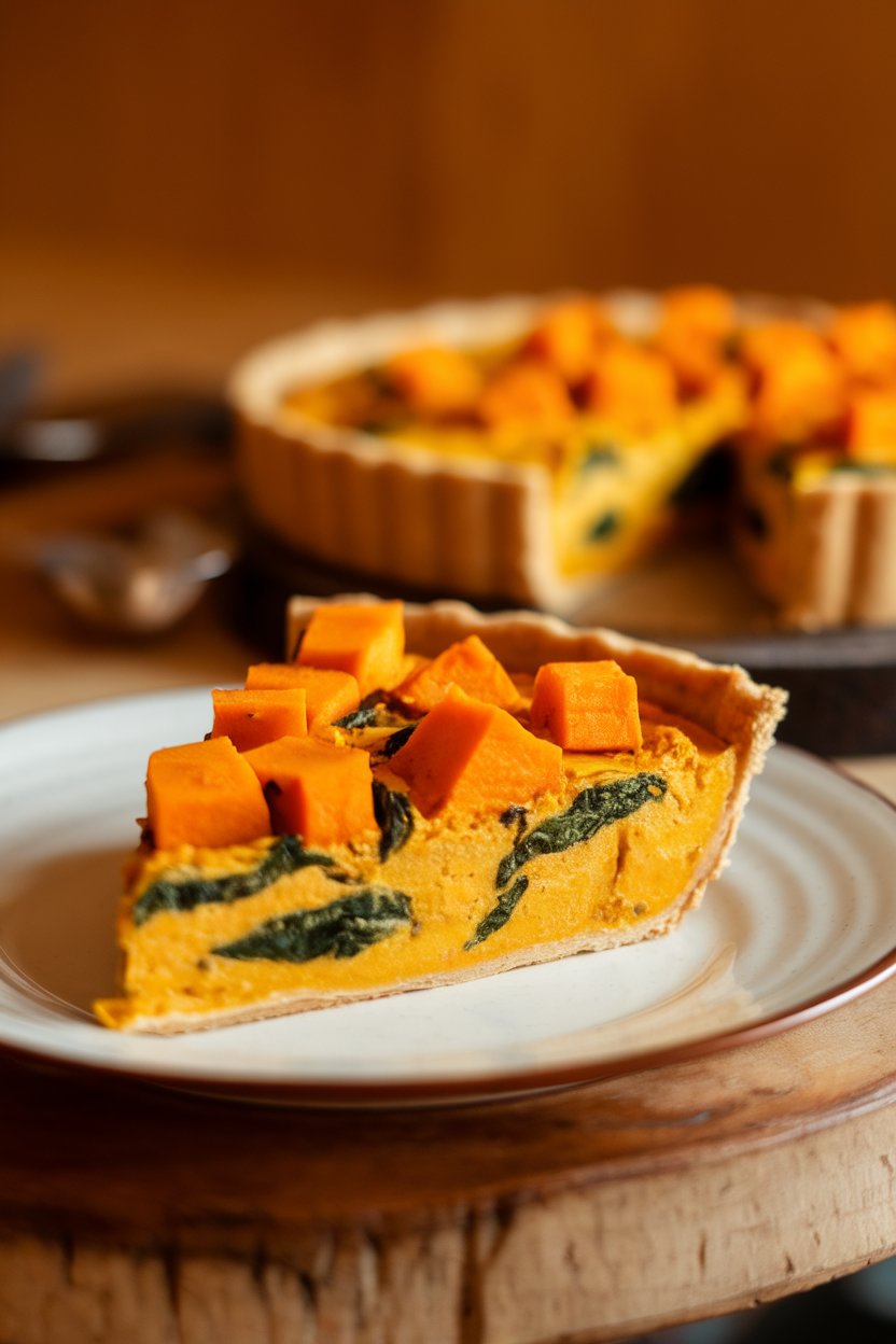 Warm indoor photo of a slice of curried sweet potato quiche, orange cubes and green spinach visible, no text or logos.