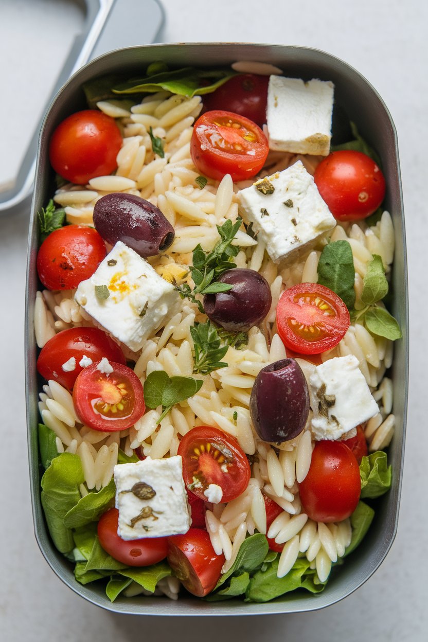 An indoor lunchbox with a colorful Greek orzo salad, cherry tomatoes, and feta; no text or logos. Photo.