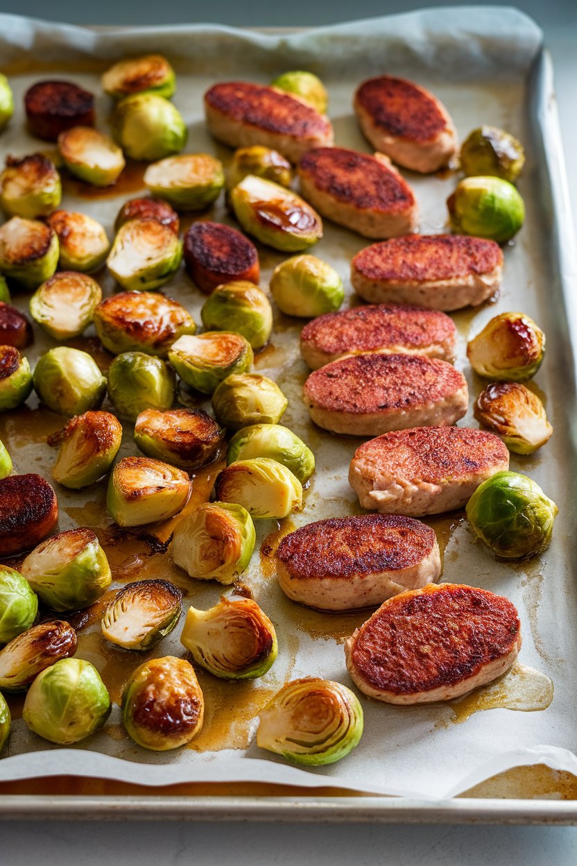 A sheet pan indoors with caramelized Brussels sprouts and browned chicken sausage coins, honey glaze visible. No logos present.