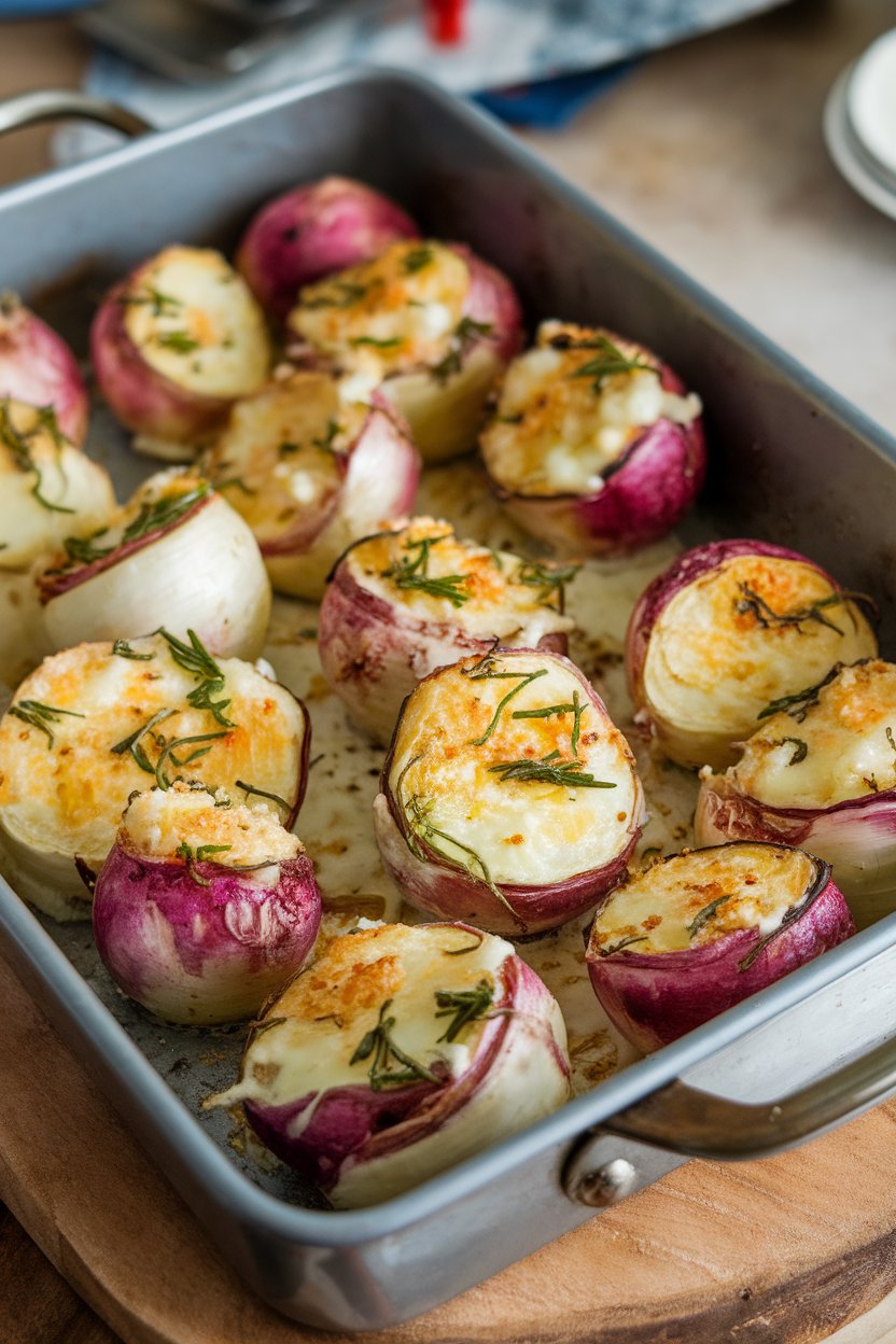 Indoor baking dish with quartered turnips coated in garlic, herbs, and melted Parmesan, golden brown. No text or logos; photo.</p