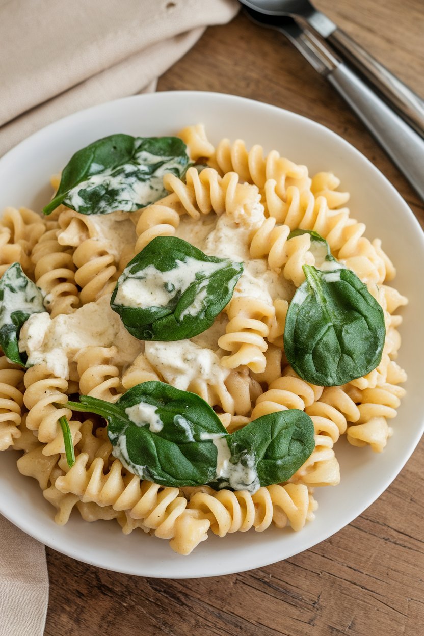 An indoor table showing fusilli pasta coated in creamy lemon ricotta with baby spinach folded throughout; no text or logos.