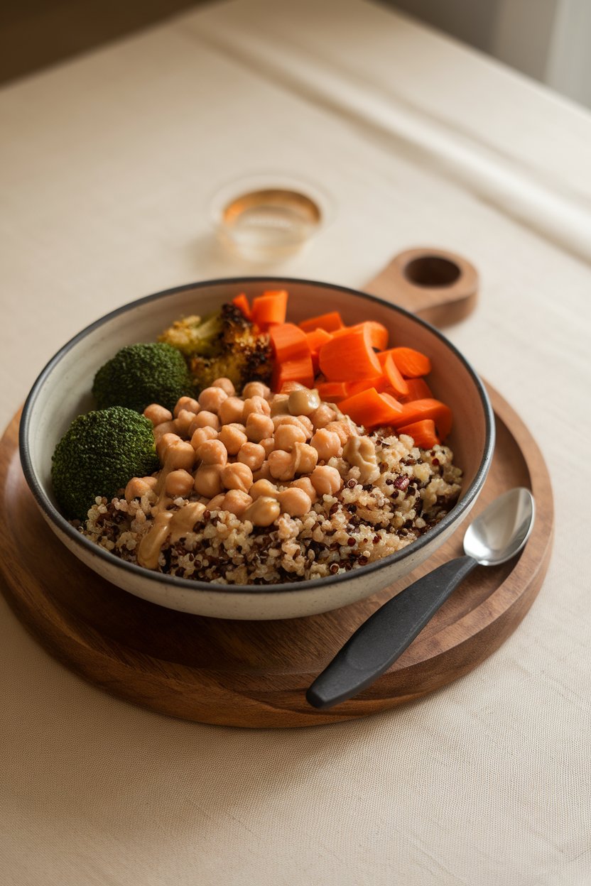 An indoor table set with a wide bowl holding quinoa, roasted carrots, broccoli, chickpeas, and tahini drizzle. No visible branding. Photo.