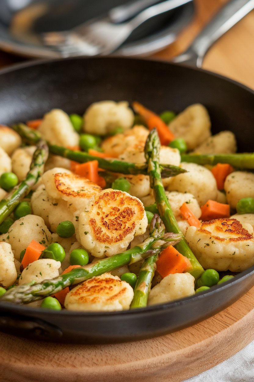 Indoor skillet photo of golden-seared cauliflower gnocchi with asparagus tips, peas, and diced carrots, lightly coated in herbed olive oil. No text or logos.