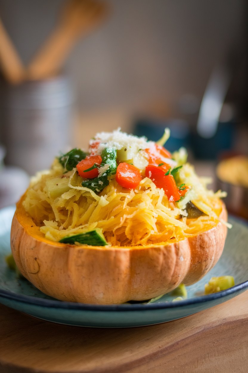 Indoor plate heaped with roasted spaghetti squash strands tossed with sautéed spring vegetables and a sprinkle of parmesan. No text or logos anywhere.