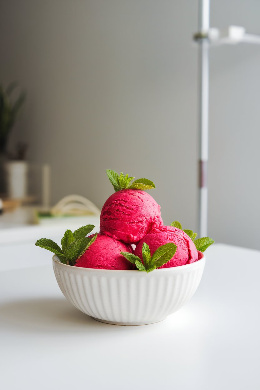 Photo of indoor bowl with scoops of bright pink raspberry sorbet, mint leaf garnish, no text or logos.