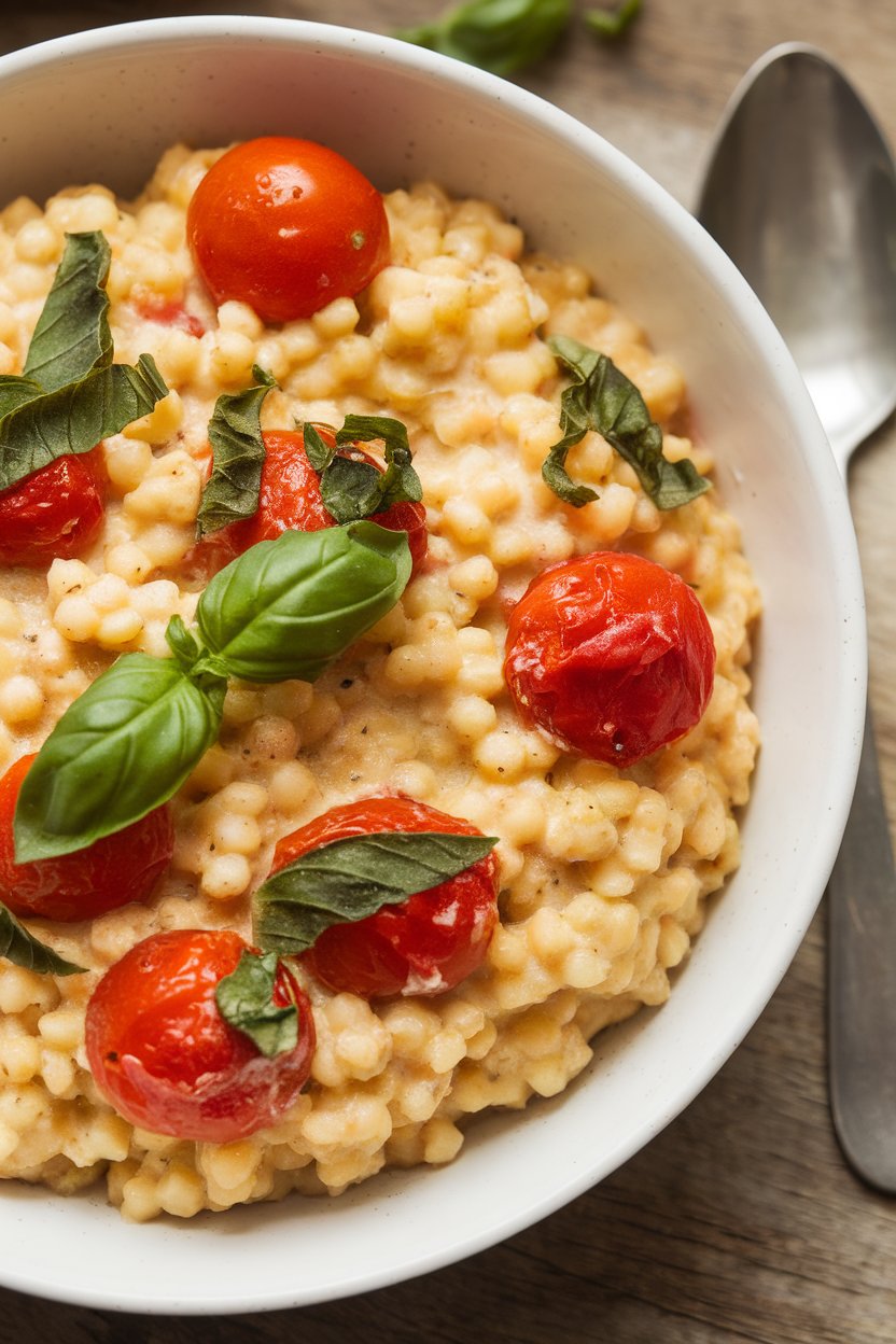 Indoor photo of creamy couscous cooked risotto-style with burst cherry tomatoes and torn basil, spoon resting alongside. No text or logos.