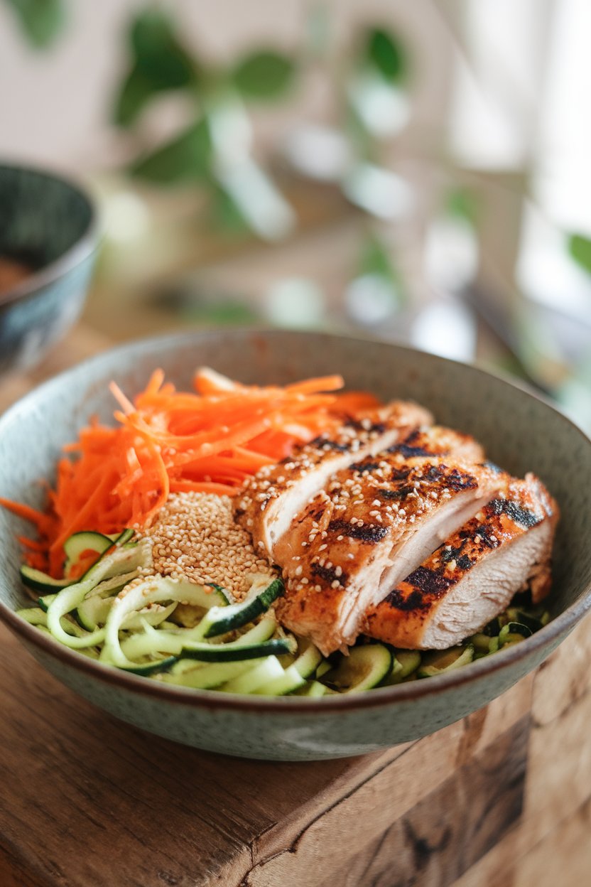 Photo of a shallow indoor bowl holding zucchini noodles, shredded carrots, sesame seeds, and grilled chicken strips. No text or logos.