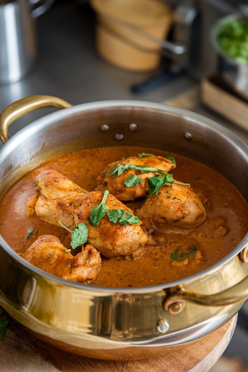 An indoor stew pot of chicken pieces simmering in a fenugreek leaf gravy, deep golden color, garnished with fresh methi. No text or logos. Photo, not illustration.
