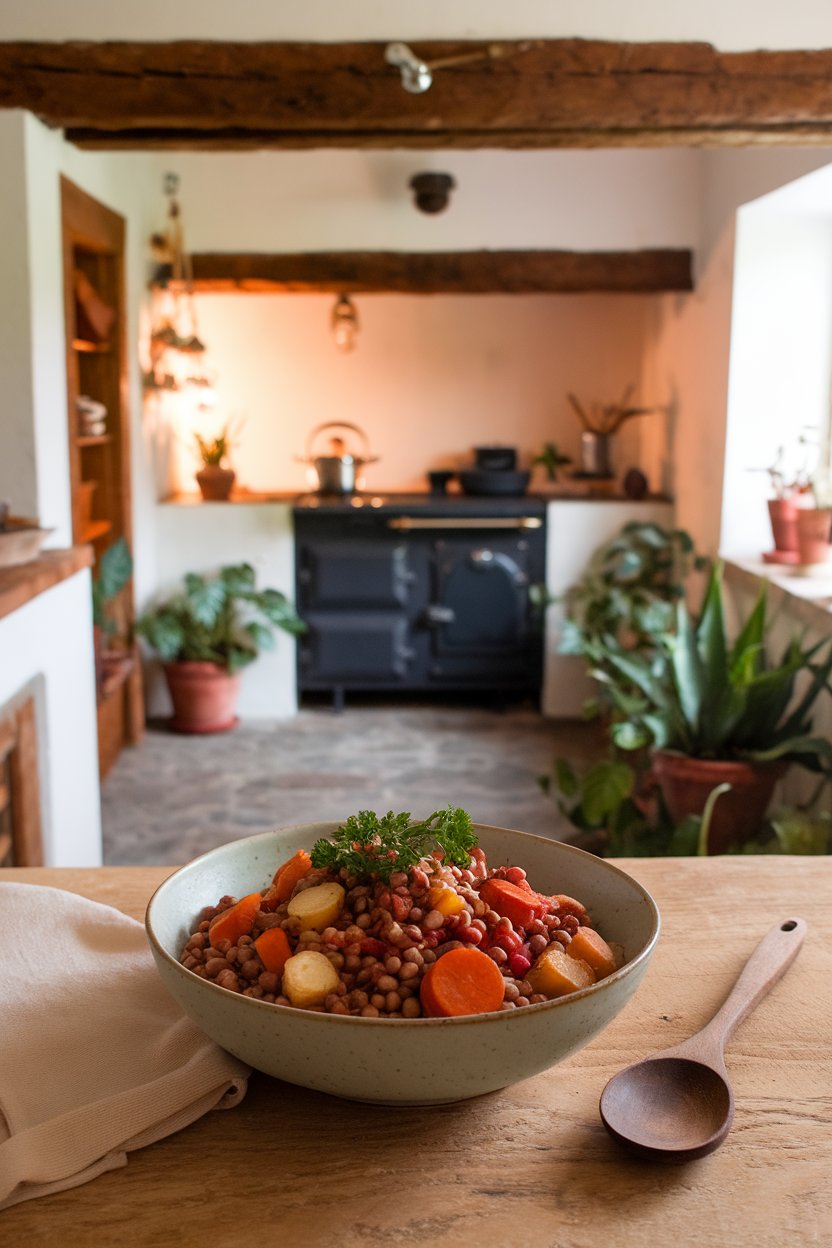 Indoor winter kitchen with a bowl of cooked spelt berries mixed with roasted carrots, parsnips, and beets, garnished with parsley. Photo only, no text or logos.