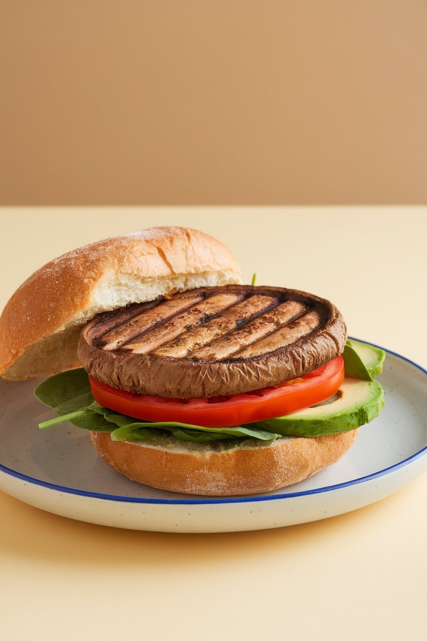 Indoor plate featuring a bun stacked with a grilled portobello cap, tomato slice, spinach, and avocado, grill marks visible on the mushroom. No text or logos. Photo only.