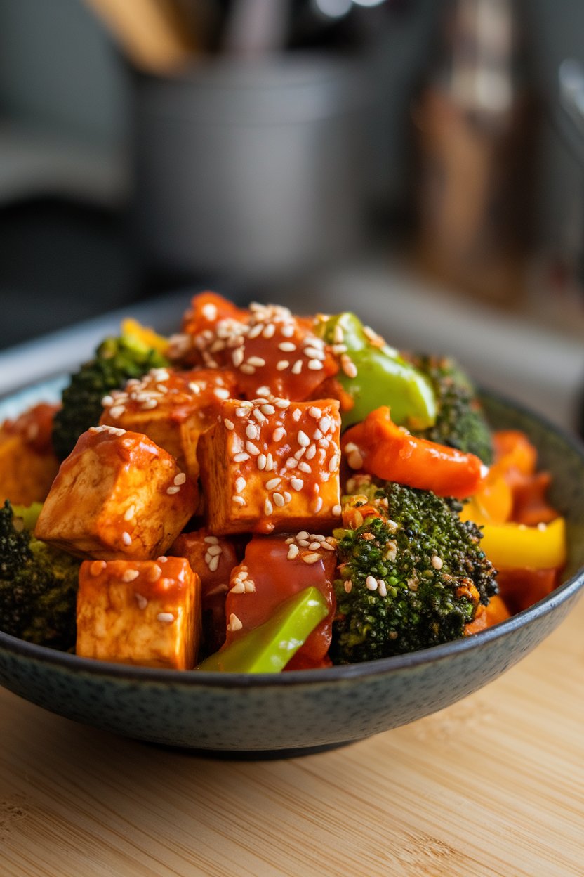 Indoor photo of cubed tofu with broccoli and bell peppers glazed in spicy Szechuan sauce in a bowl, sesame seeds sprinkled, no text or logos