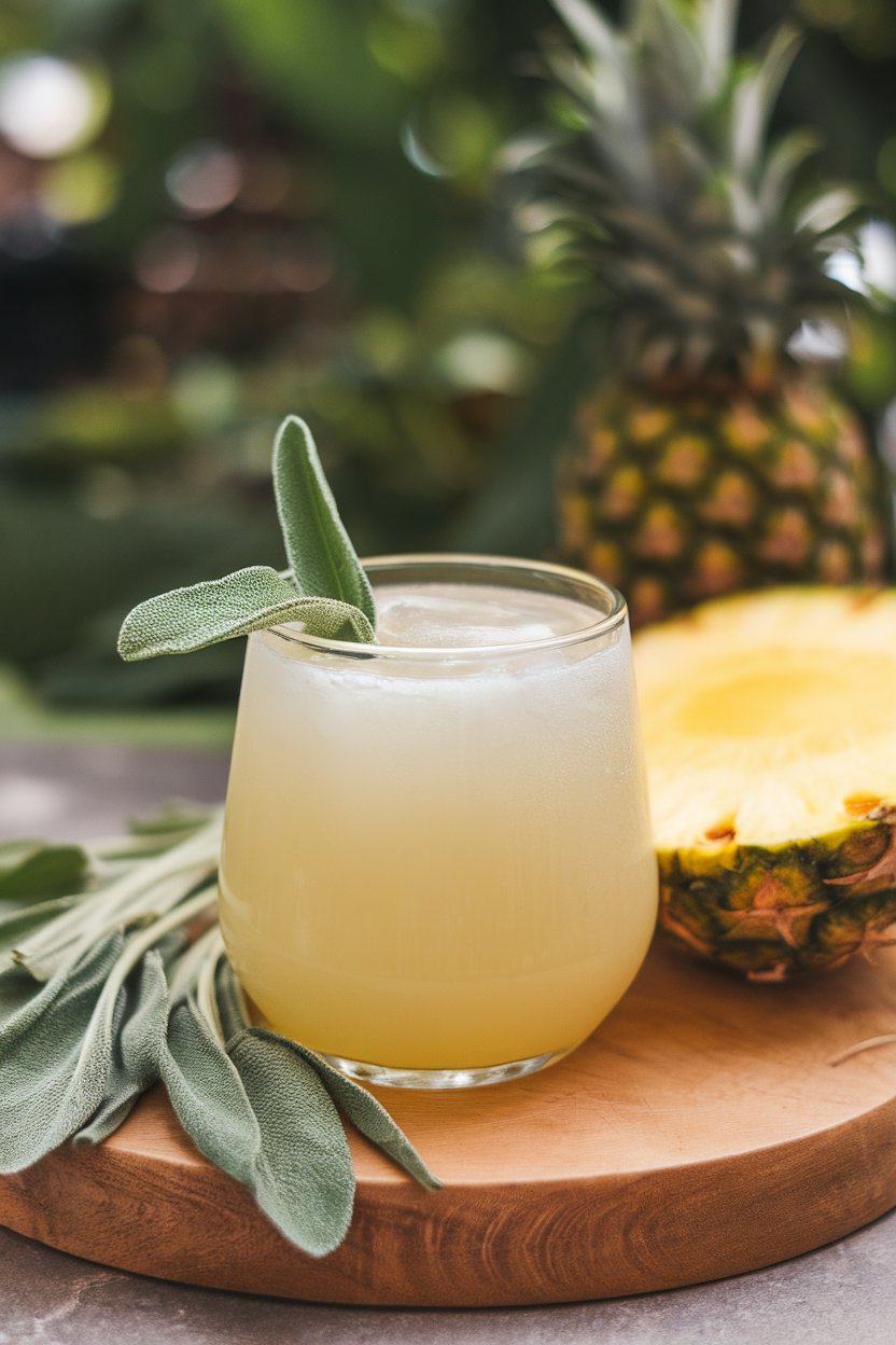 Photo of indoor coupe glass with pale yellow pineapple sage mocktail, sage leaf garnish, no text or logos.