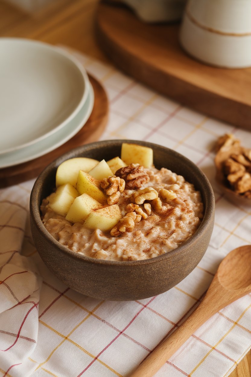 A warm indoor scene with a rustic bowl of steel-cut oats stirred with apple chunks, cinnamon, and walnuts; wooden spoon nearby, no text or logos; photo