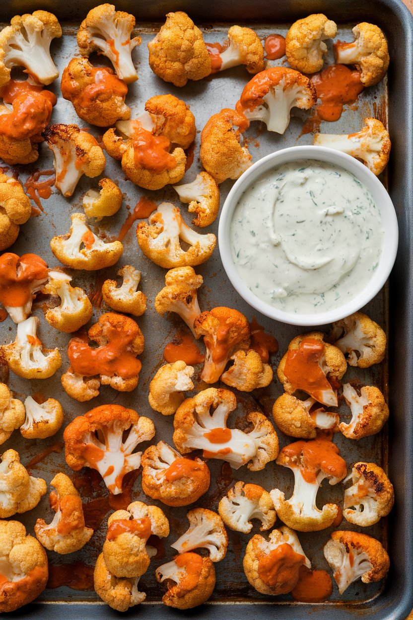 A baking tray with roasted cauliflower florets coated in buffalo sauce, side of ranch dip. No text or logos.
