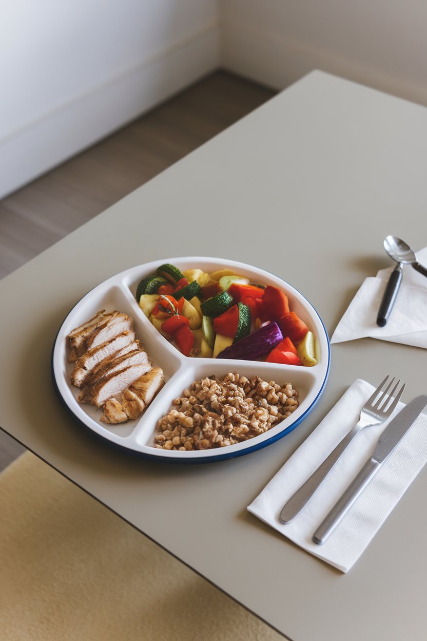 An indoor table with a divided plate showing balanced portions of protein, vegetables, and grains; no text or logos. Photo.