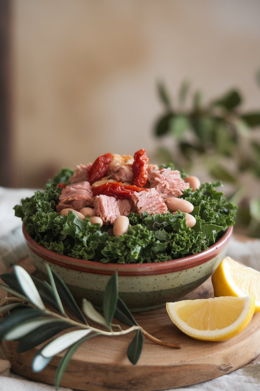 Ceramic bowl filled with chopped kale massaged with olive oil, topped with tuna, sun-dried tomatoes, and white beans; indoor, no text.