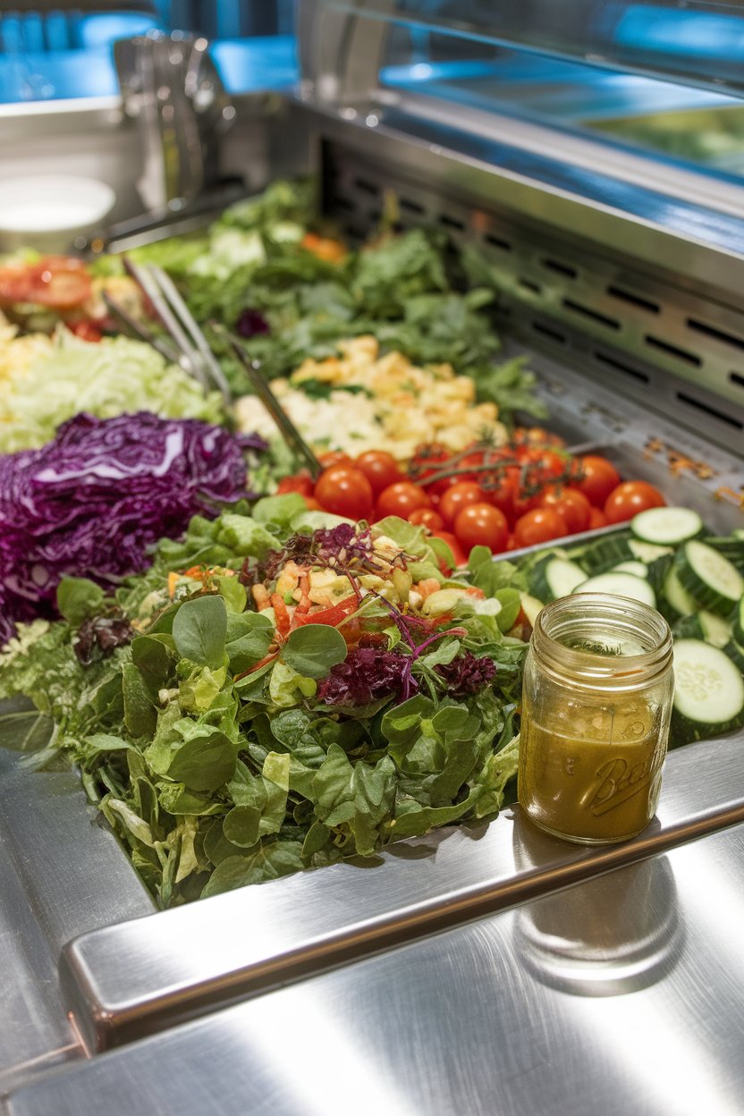 An indoor salad bar scene with a small mason jar of olive-oil vinaigrette next to a green salad, no text or logos, photo only