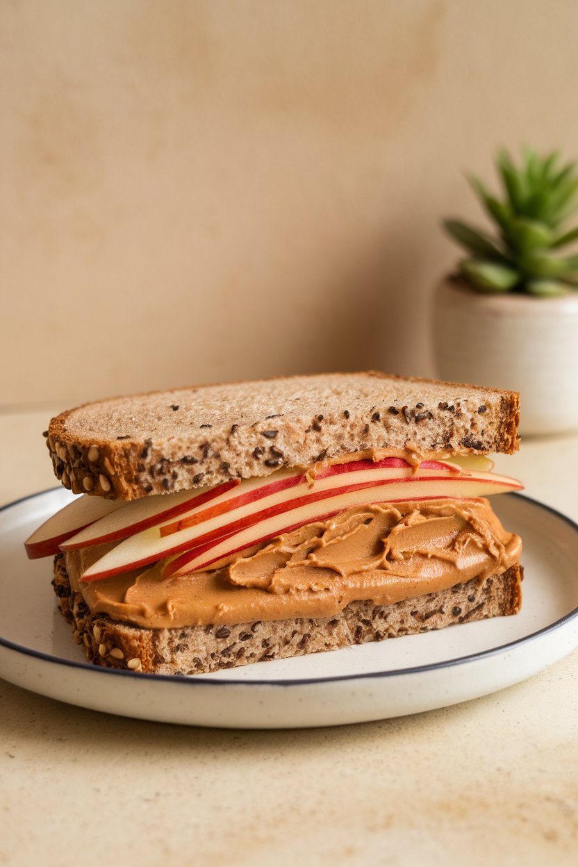 Photo of a halved sandwich showing peanut butter spread and thin apple slices on seedy multigrain bread indoors; no text or logos on plate.