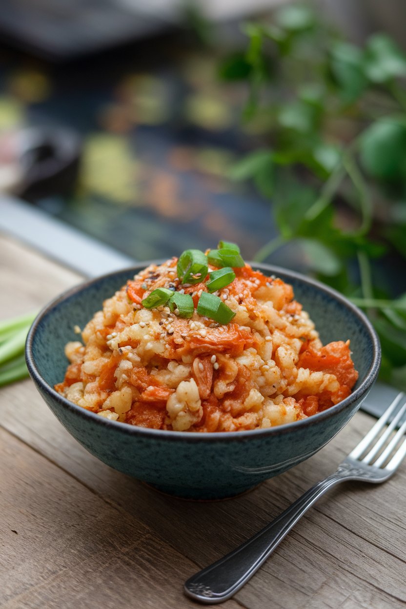An indoor bowl of kimchi fried rice made with cauliflower rice, garnished with sesame seeds; no text or logos. Photo.