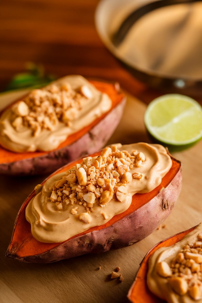 Indoor photo of sweet potato halves topped with creamy peanut sauce and crushed peanuts, lime wedge nearby, no text or logos