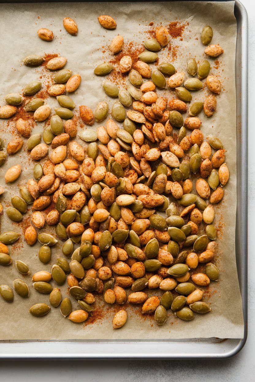An indoor kitchen tray displaying roasted pumpkin seeds coated in cumin and chili powder, cooling on parchment paper. No text or logos.