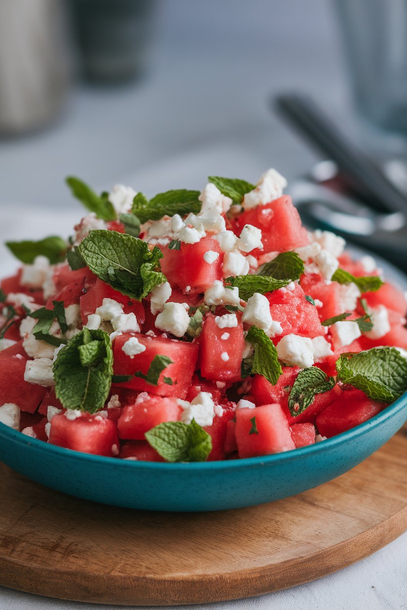 Indoor serving bowl with bright cubes of watermelon, crumbled feta, and torn mint leaves, light dressing visible. No text or logos present.