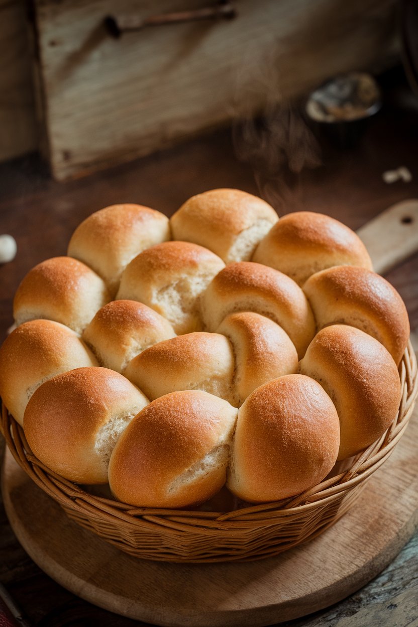 Indoor bakery-style basket filled with warm whole-wheat rolls, steam faintly visible. No text or logos.