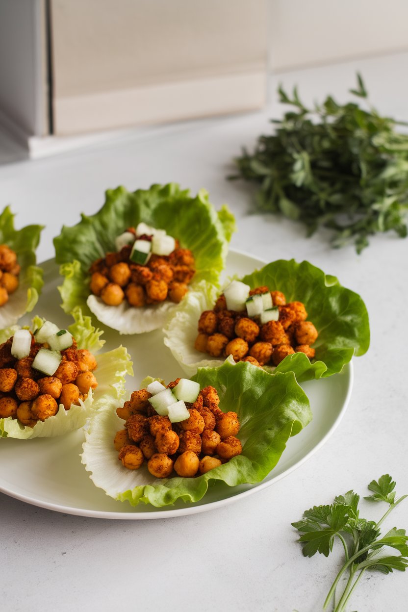 Photo indoor scene of butter lettuce cups holding chickpeas coated in falafel spices, topped with diced cucumber. No text or logos.