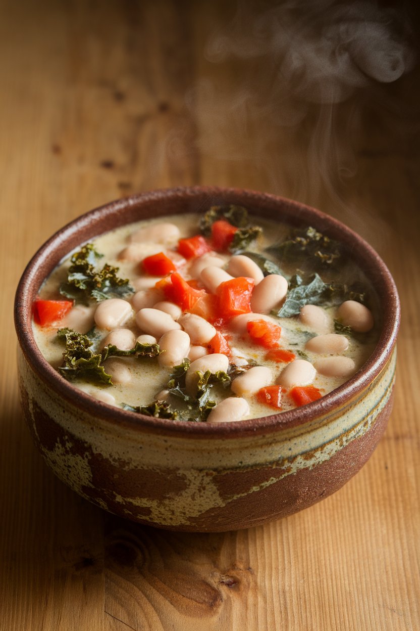 Indoor photo of a rustic ceramic bowl filled with creamy white bean soup dotted with kale ribbons and diced tomatoes, steam rising, no text or logos