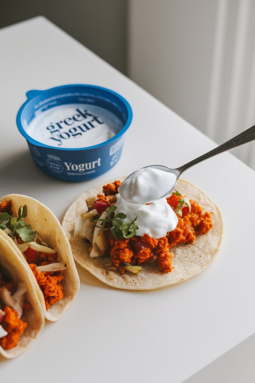 Indoor photo of a small bowl containing Greek yogurt next to tacos, with a spoonful ready for topping, no text or logos.