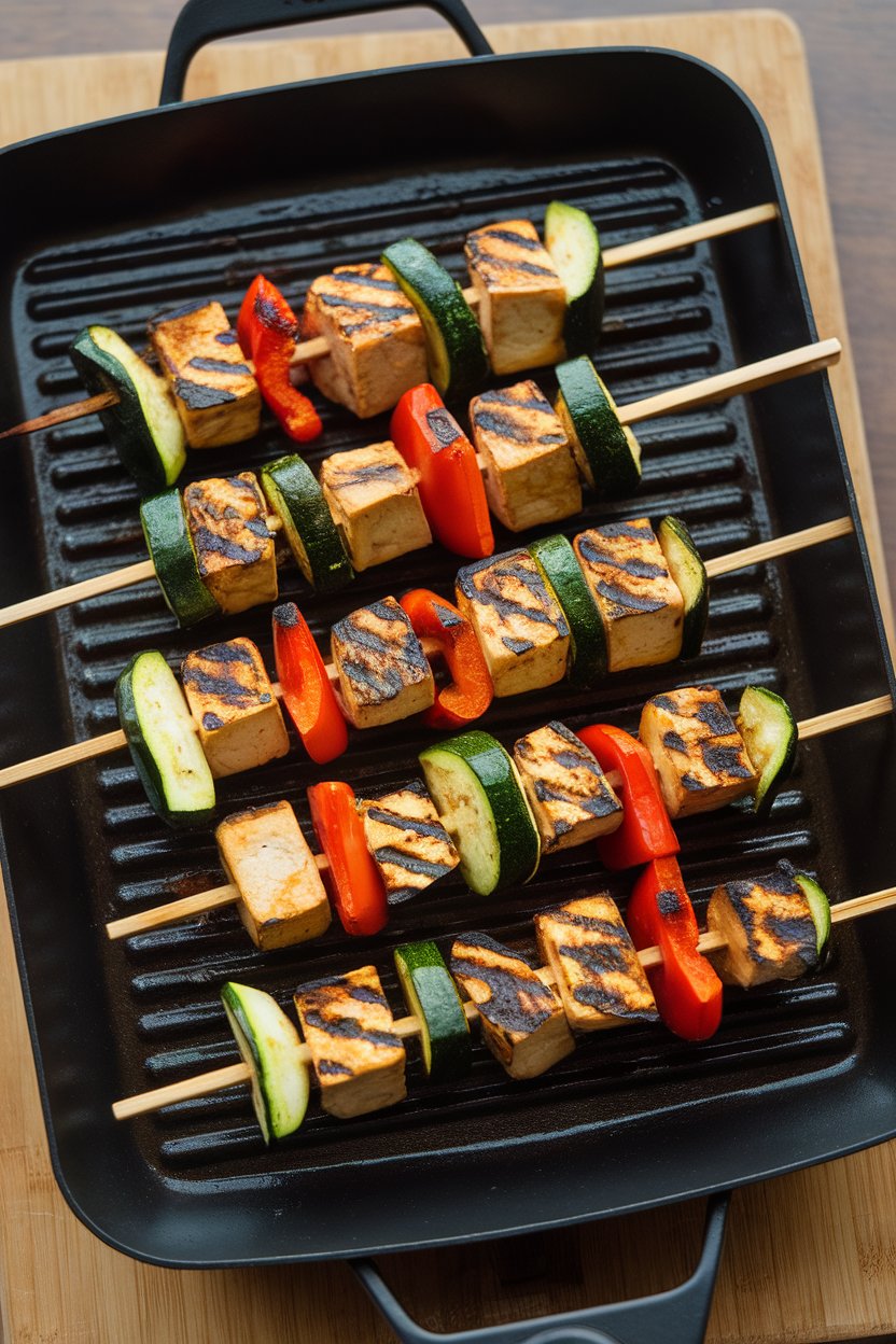Indoor grill pan with colorful skewers of tofu cubes, zucchini rounds, and red pepper pieces, char marks visible. No text or logos; photo.