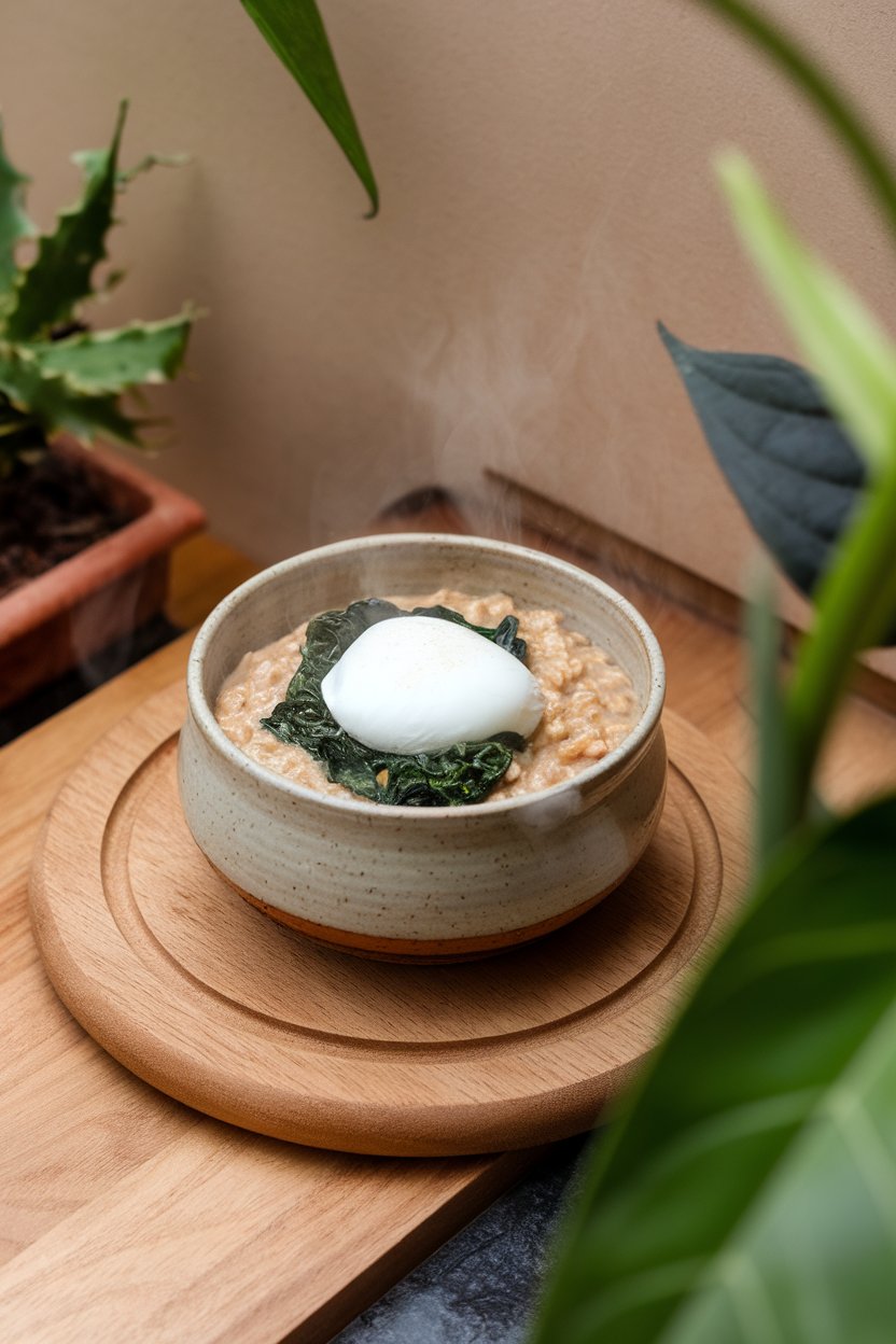 Indoor photo of a ceramic bowl filled with steaming savory oats topped with wilted spinach and a soft-poached egg; gentle overhead light, no text or logos