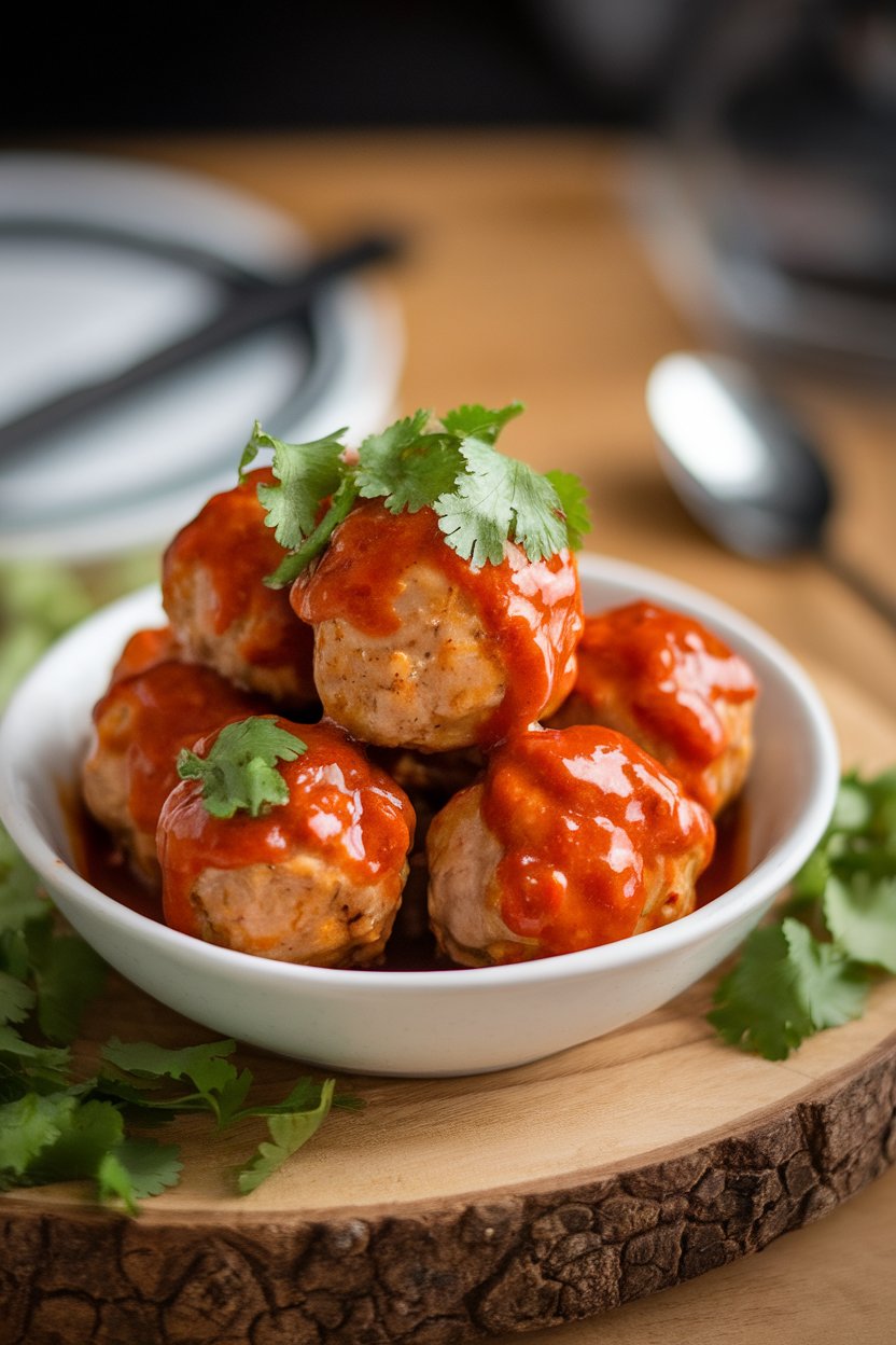 A serving bowl of glazed chicken meatballs coated in sweet chili sauce, garnished with cilantro. No text or logos.
