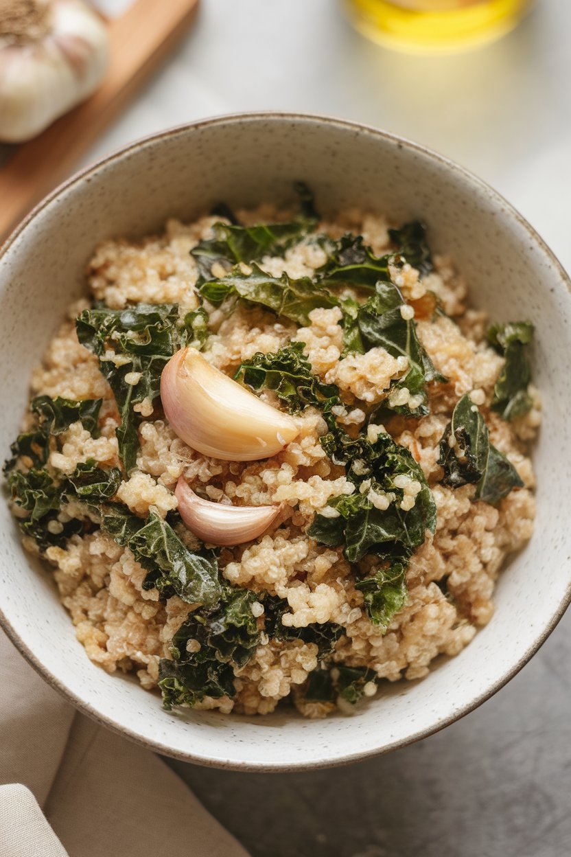 Indoor photo of a shallow white bowl holding fluffy quinoa, wilted kale ribbons, roasted garlic cloves, and a drizzle of olive oil, shot from a slight overhead angle. No text or logos.