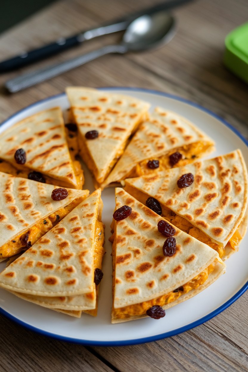 Indoor plate, golden curry chicken quesadilla wedges with raisins, photo, no text or logos.