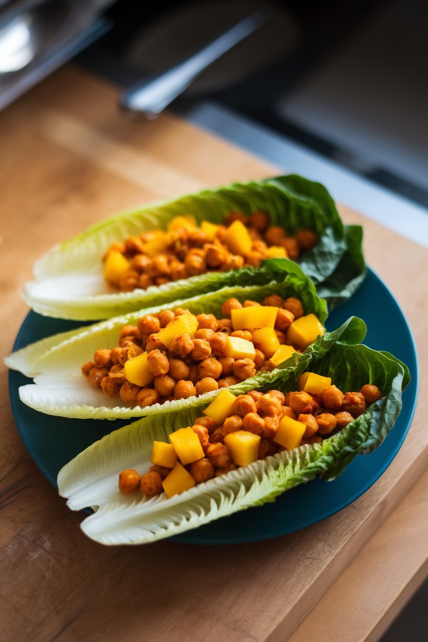 Indoor plate with crisp romaine leaves holding curried chickpeas and diced mango; overhead soft light; photo, no text or logos.