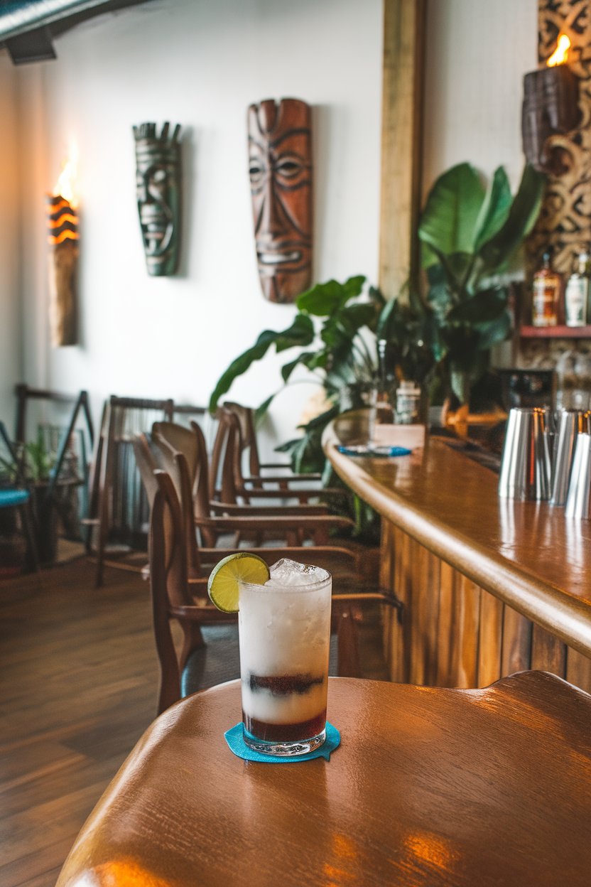 An indoor tiki-inspired bar with a highball of layered Dark & Stormy—dark rum floating atop ginger beer—with a lime wedge. No text or logos.