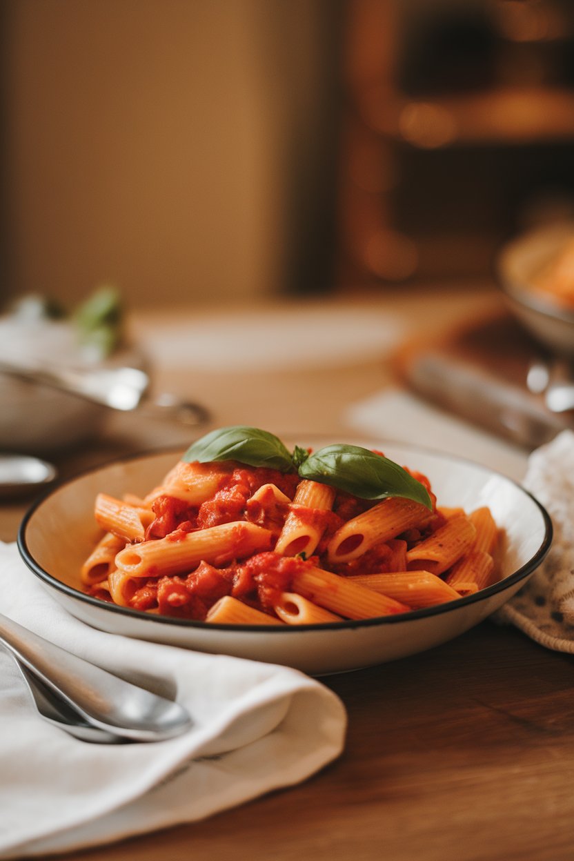 Warm indoor dining table showcasing penne tossed in a bright red roasted pepper tomato sauce, garnished with basil. No text or logos.