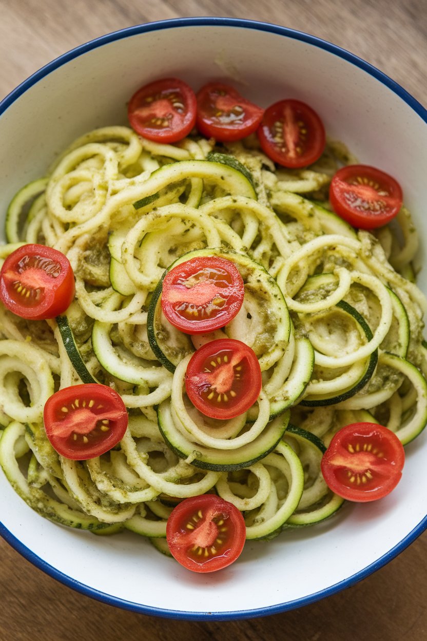 Photo of a bowl of spiralized zucchini noodles tossed indoors with basil pesto and halved cherry tomatoes; no text or logos on bowl.