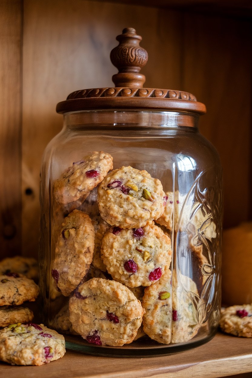 An indoor cookie jar being filled with round oatmeal cookies speckled with ruby cranberries and green pistachios. No visible brands or logos.