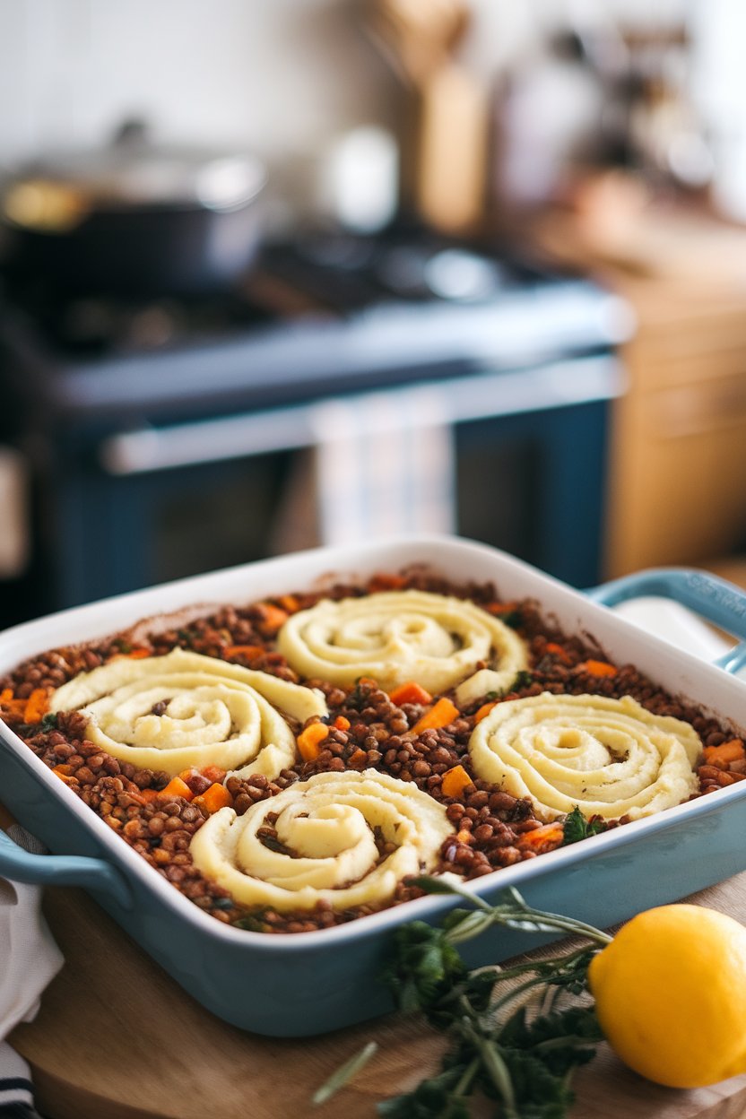 A casserole indoors showing lentil and vegetable filling beneath swirled mashed potato topping, lightly browned; photo only, no text or logos.